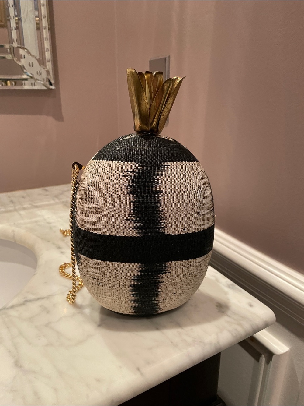 Aranaz Pina Black & Cream Pineapple Accent Handbag with Gold Crown